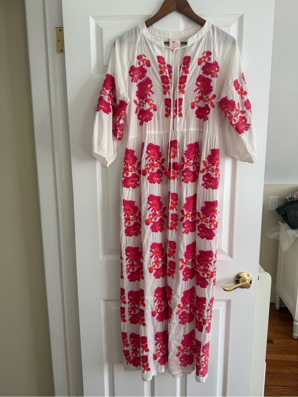 White Maxi Dress with Pink Floral Embroidery Detail